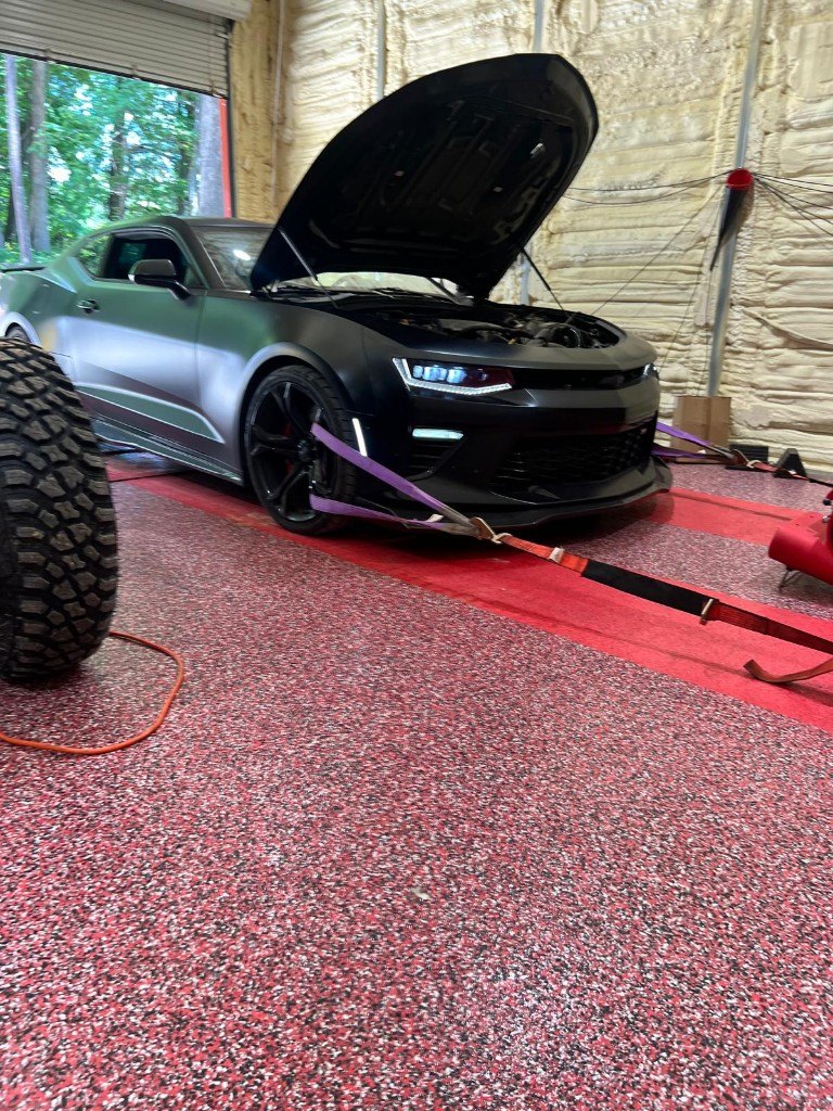 Black Camaro strapped to the dyno at NC Diesel and Dyno