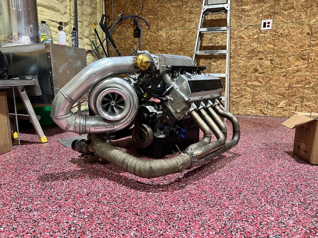 Turbocharged engine on a stand in the shop