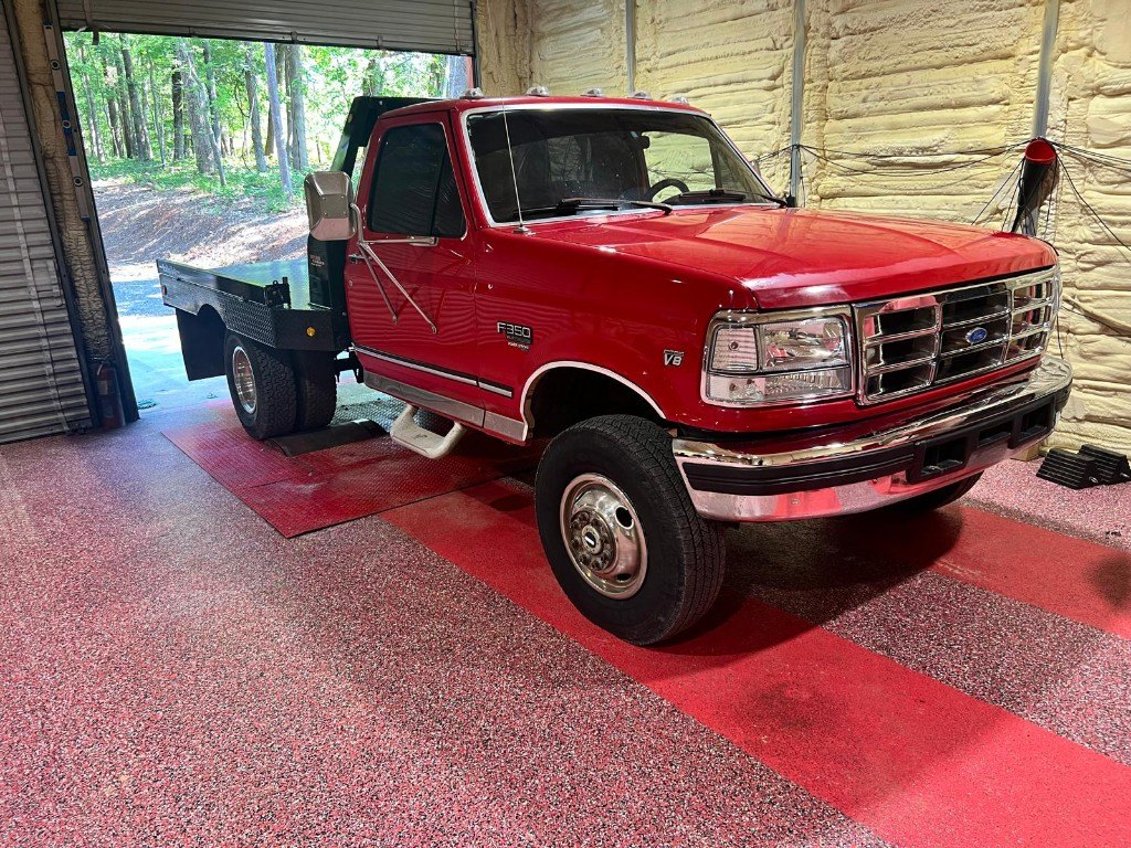 Ford F-350 flatbed on the dyno floor